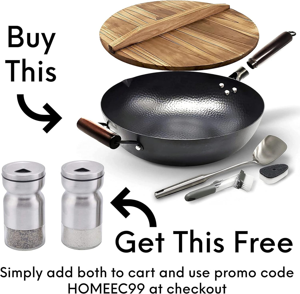 Carbon Steel Wok Pan With Lid, Non-Stick 12.6 Flat Bottom Wok Set R808