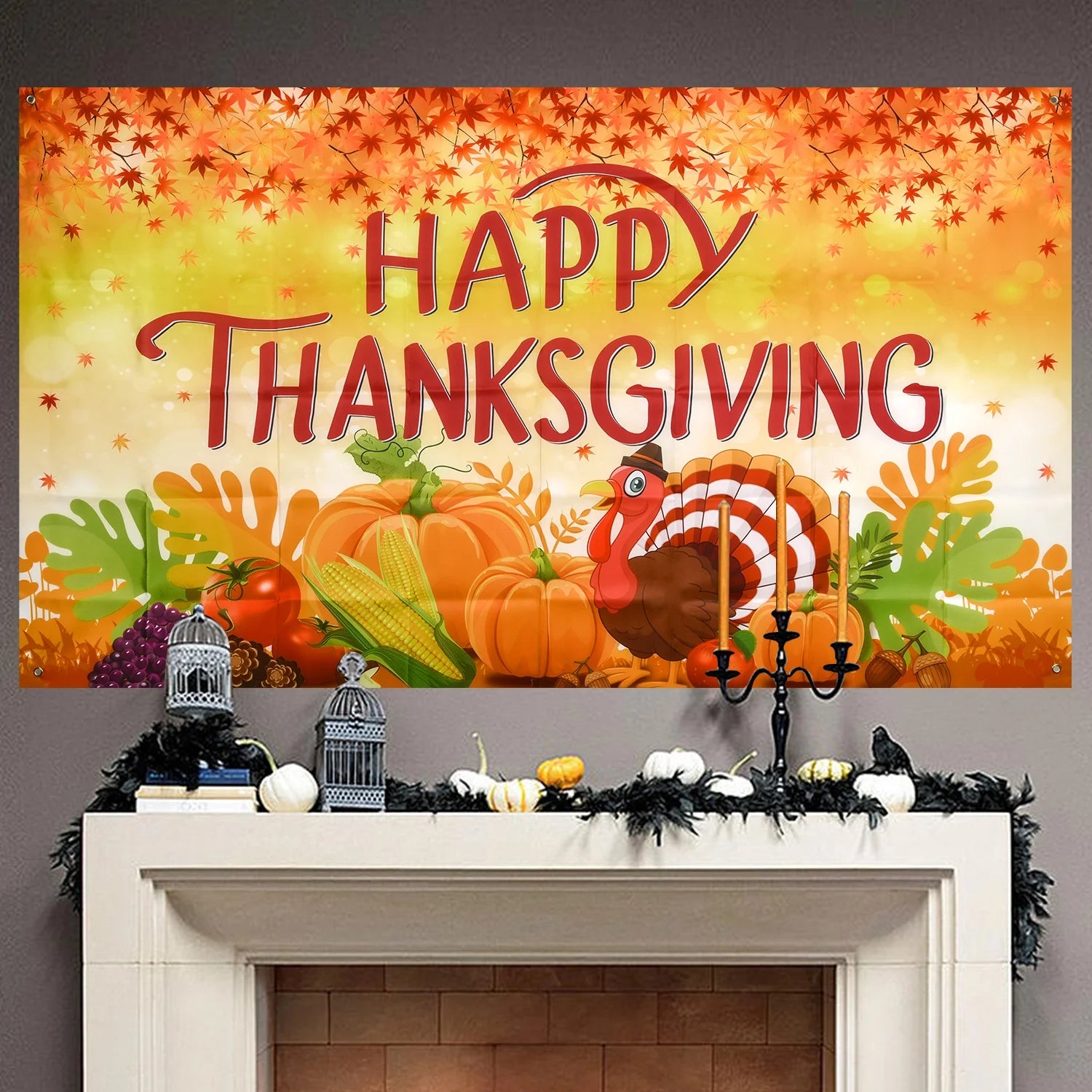 Thanksgiving Banner 72 x 46 Inch Turkey Pumpkin Maple Leaves Banner K493