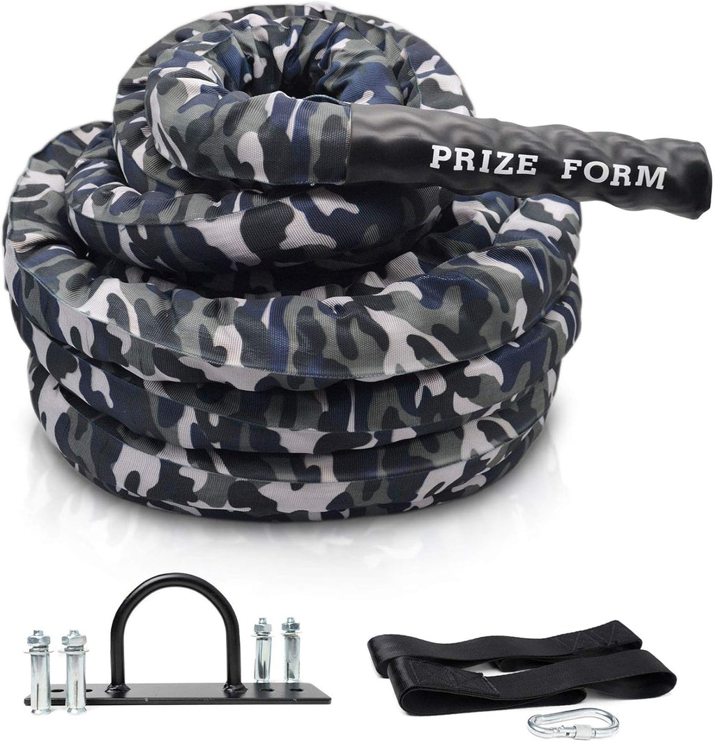 Battle Exercise Training Rope with Camo Protective Cover & Anchor Strap Kit, Poly Dacron 1.5 Inch Diameter 30ft 40ft C440466