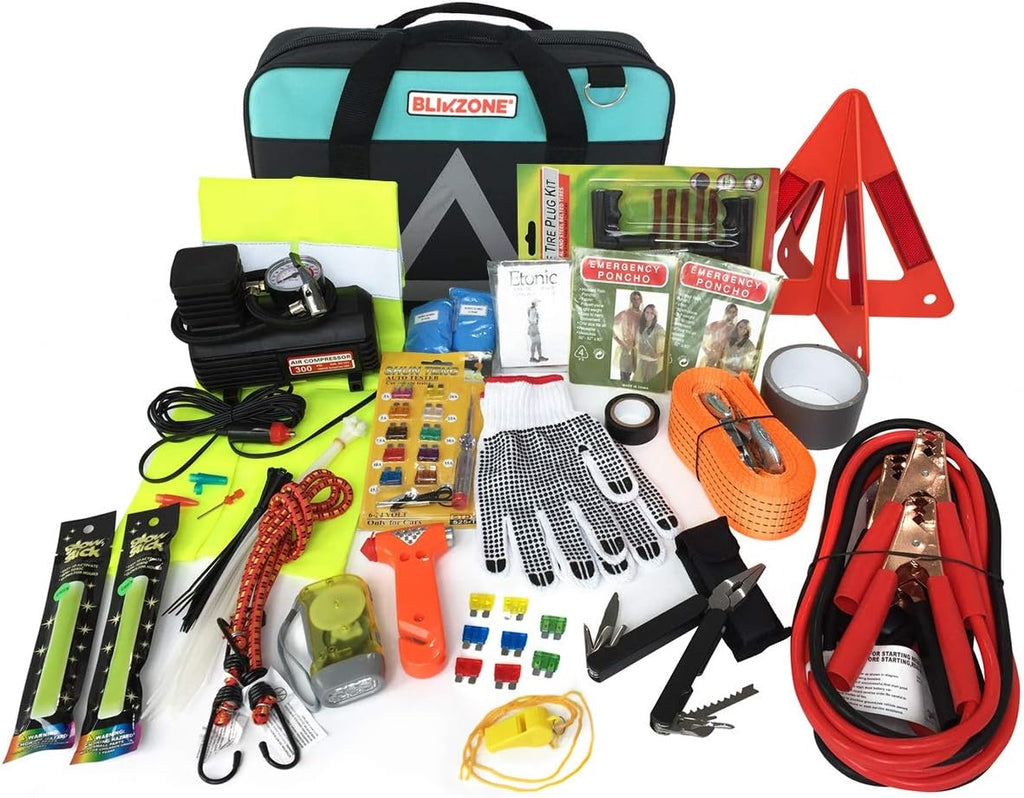 82 Pc Auto Roadside Emergency Car Kit with Tire Repair Kit, Jumper Cables, Portable Air Compressor, Tow Strap, Emergency Triangle R23696