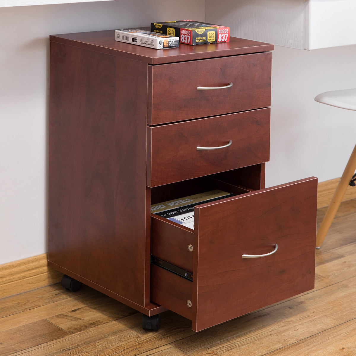 Cherry 3 Drawer File Cabinet with Rolling Casters J9356