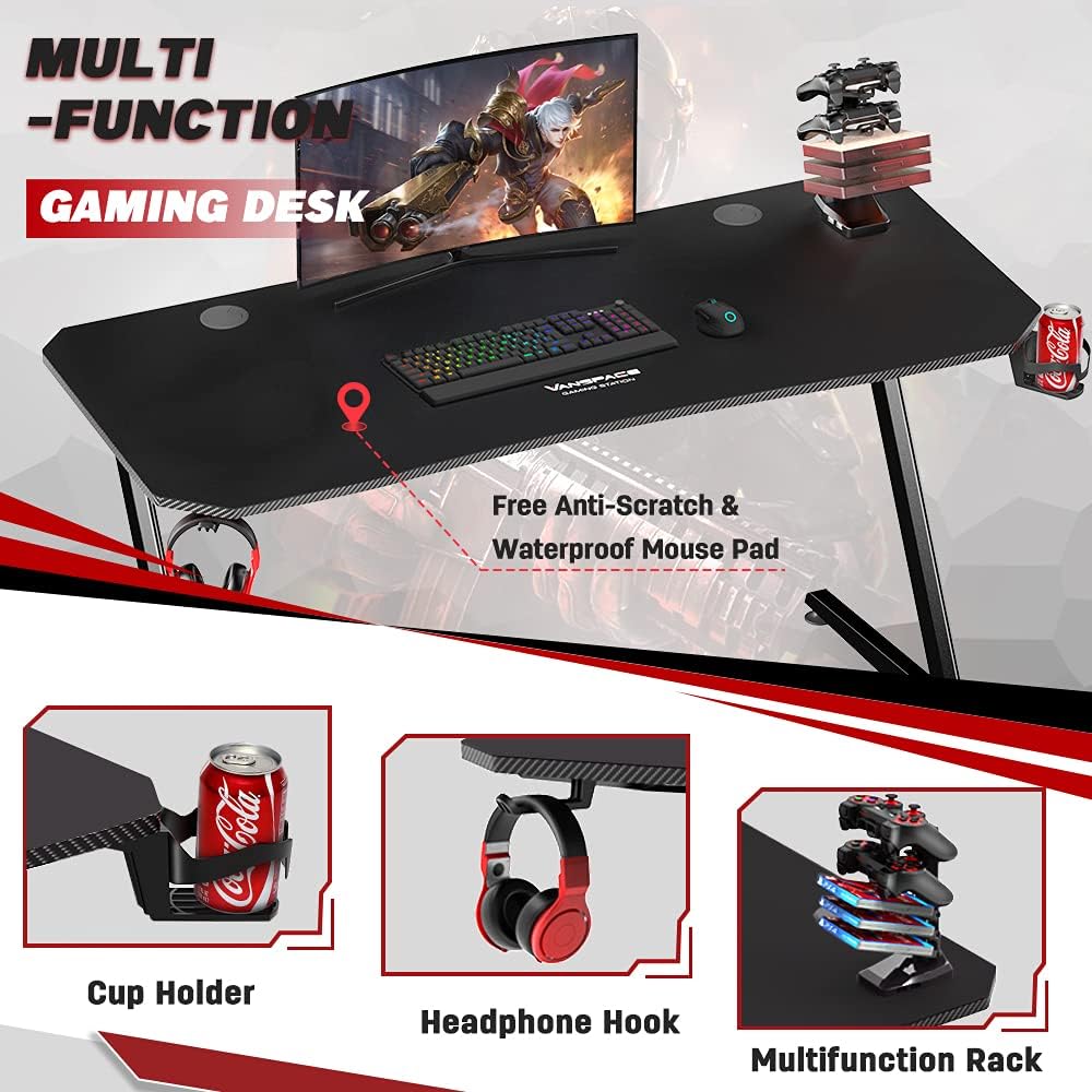 55 Inch Ergonomic Gaming Desk with Full-Covered Mouse Pad Z2296