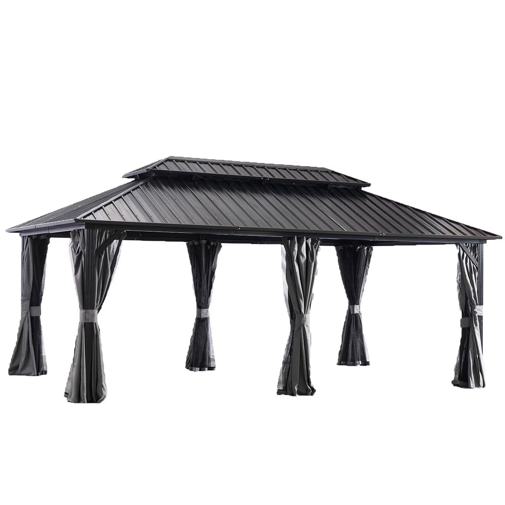 12x20 Galvanized Steel Hardtop Gazebo with Netting and Curtains A47111