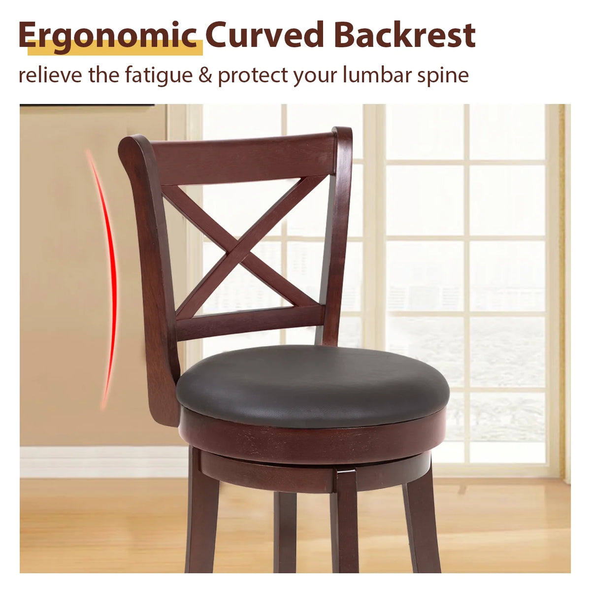 Brown Wooden Low Back Bar Stools with 360 Degree Swivel and PU Leather Upholstery X378