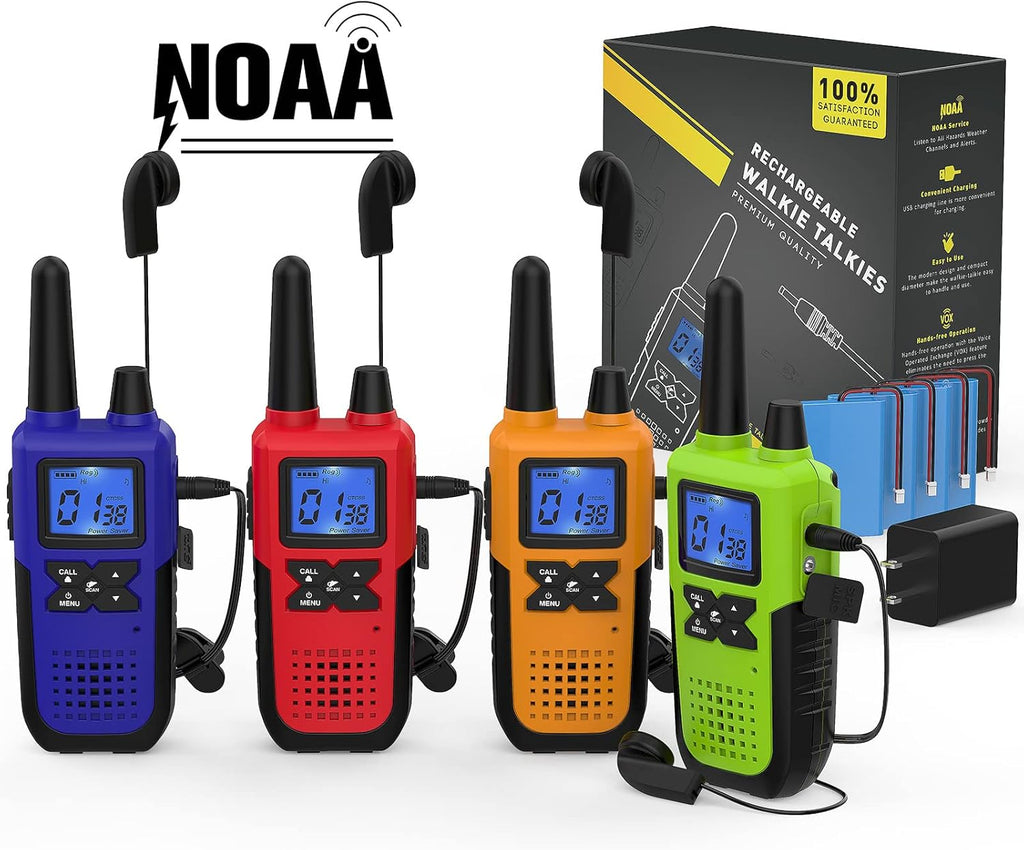 4 Pack Long Range 2 Way Radios Walkie Talkies with Earpiece and Mic USB Charger Battery Weather Alert V133
