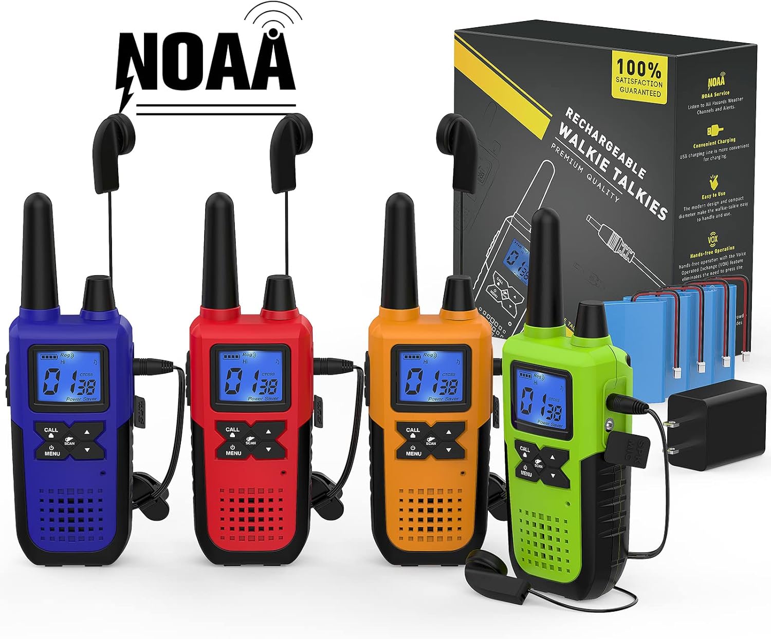 4 Pack Long Range 2 Way Radios Walkie Talkies with Earpiece and Mic USB Charger Battery Weather Alert V133