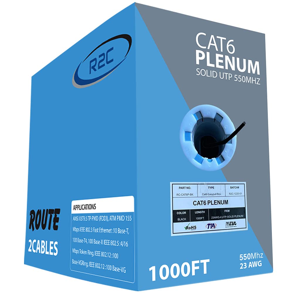 Cat6 Ethernet Cable 1000ft, Plenum-Rated, 23AWG, 4 Pair, 550MHZ UTP CMP Cable S81379