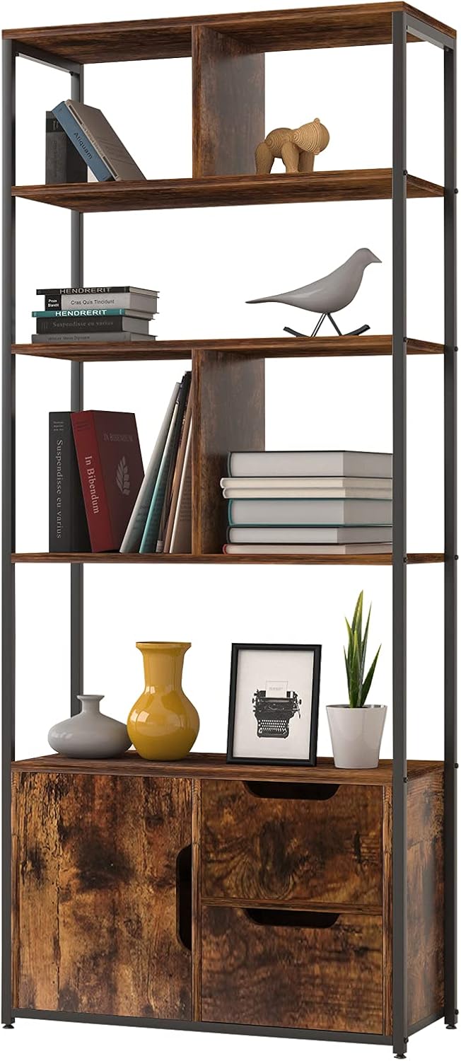 Industrial 5 Tier Bookshelf with 2 Drawers and Cabinet, Rustic Brown V212233