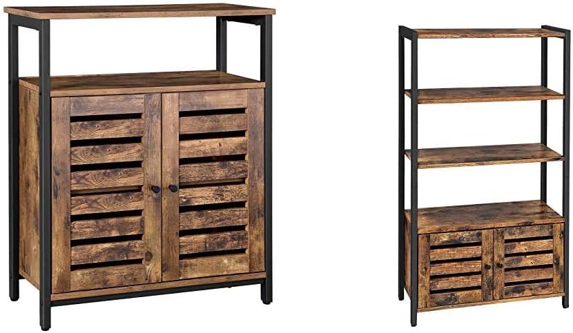 Rustic Brown Storage Cabinet with Shelf and Bookshelf with 3 Shelves and 2 Louvered Doors Z2077