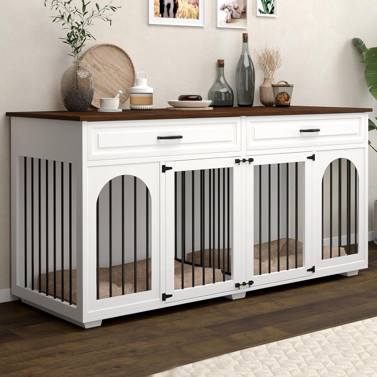 White 74.8 Inch Heavy Duty Wooden Dog Crate with 2 Drawers F802