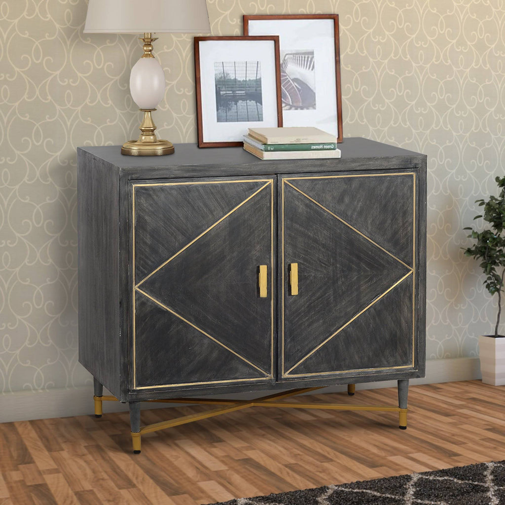 Gray and Gold Mango Wood Cabinet with Dual Door Storage W7395