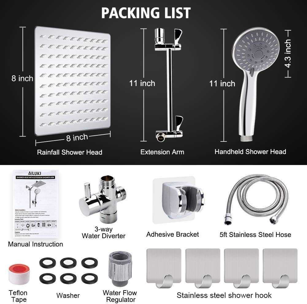 Chrome Stainless Steel Rainfall Shower Head Combo with Extension Arm, Holder, Hose, 4 Hooks, Pack of 2 R999303