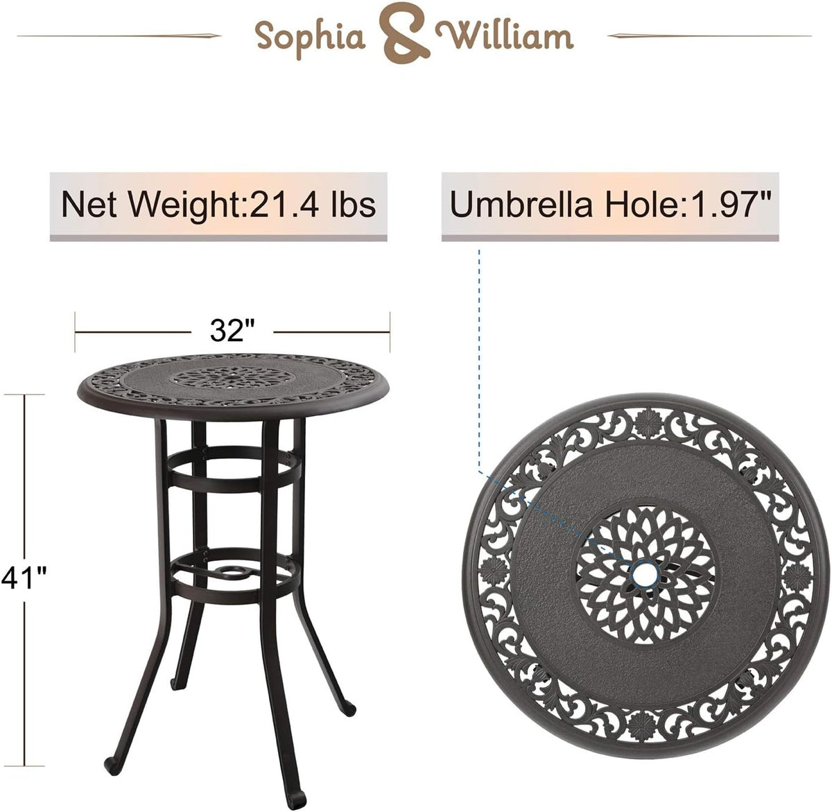 Outdoor Cast Aluminium Bar Height Table Round with Umbrella Hole Brown H389