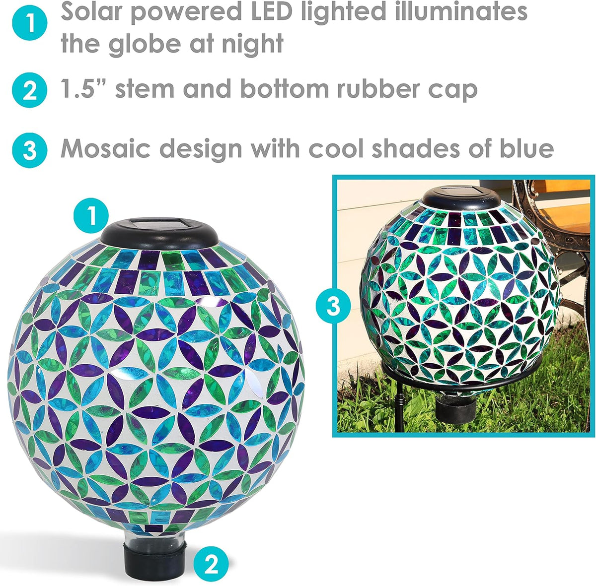 Blue 10-Inch Glass Mosaic Gazing Globe with Solar Light M7587