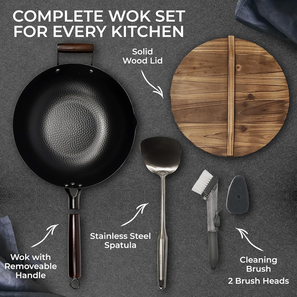 Carbon Steel Wok Pan With Lid, Non-Stick 12.6 Flat Bottom Wok Set R808