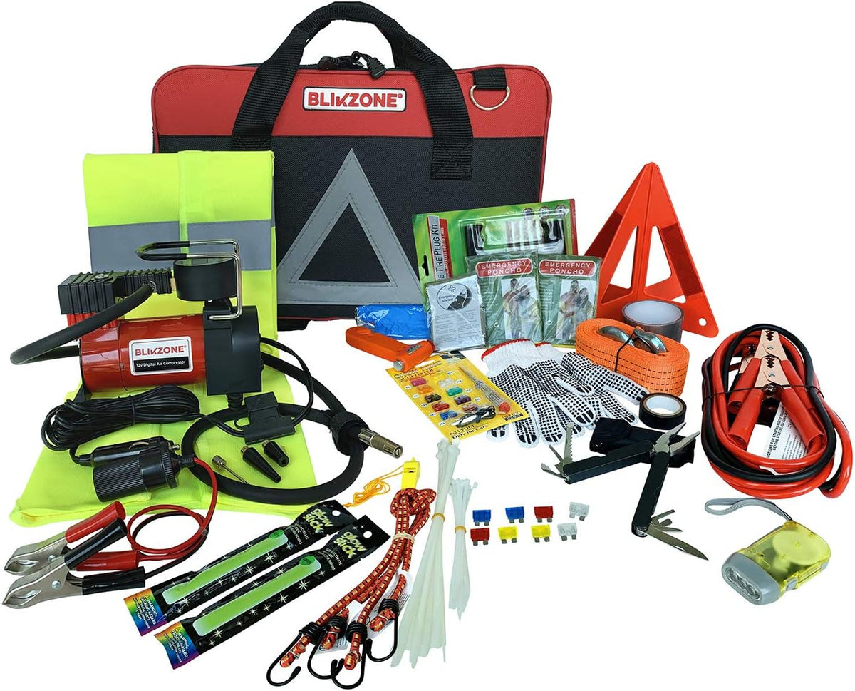 82 Pc Auto Roadside Emergency Car Kit with Tire Repair Kit, Jumper Cables, Portable Air Compressor, Tow Strap, Emergency Triangle R23696