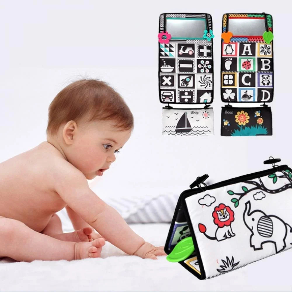 Tummy Time Floor Mirror with Crinkle Cloth Book and Teethers, High Contrast Black and White Baby Toys, Montessori Sensory Crawling Toy H3804