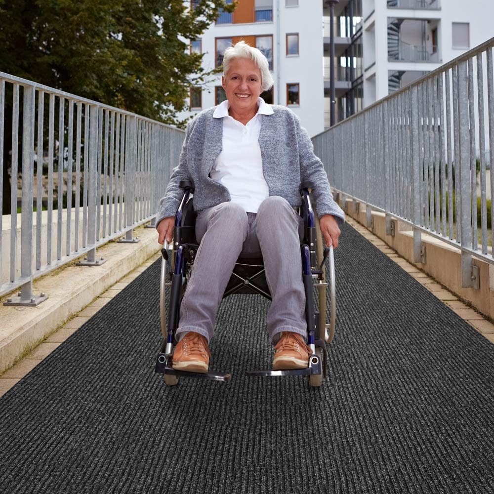 Heavy-Duty Ribbed Indoor Outdoor Carpet with Rubber Marine Backing - Charcoal Black - 6 Feet X 15 Feet R12096