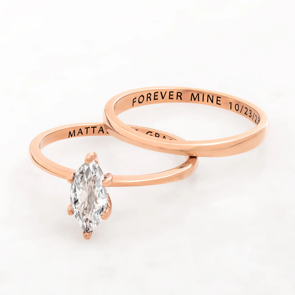 14K Rose Gold over Sterling Silver Marquise White Topaz 2-Piece Wedding Ring Set V2673