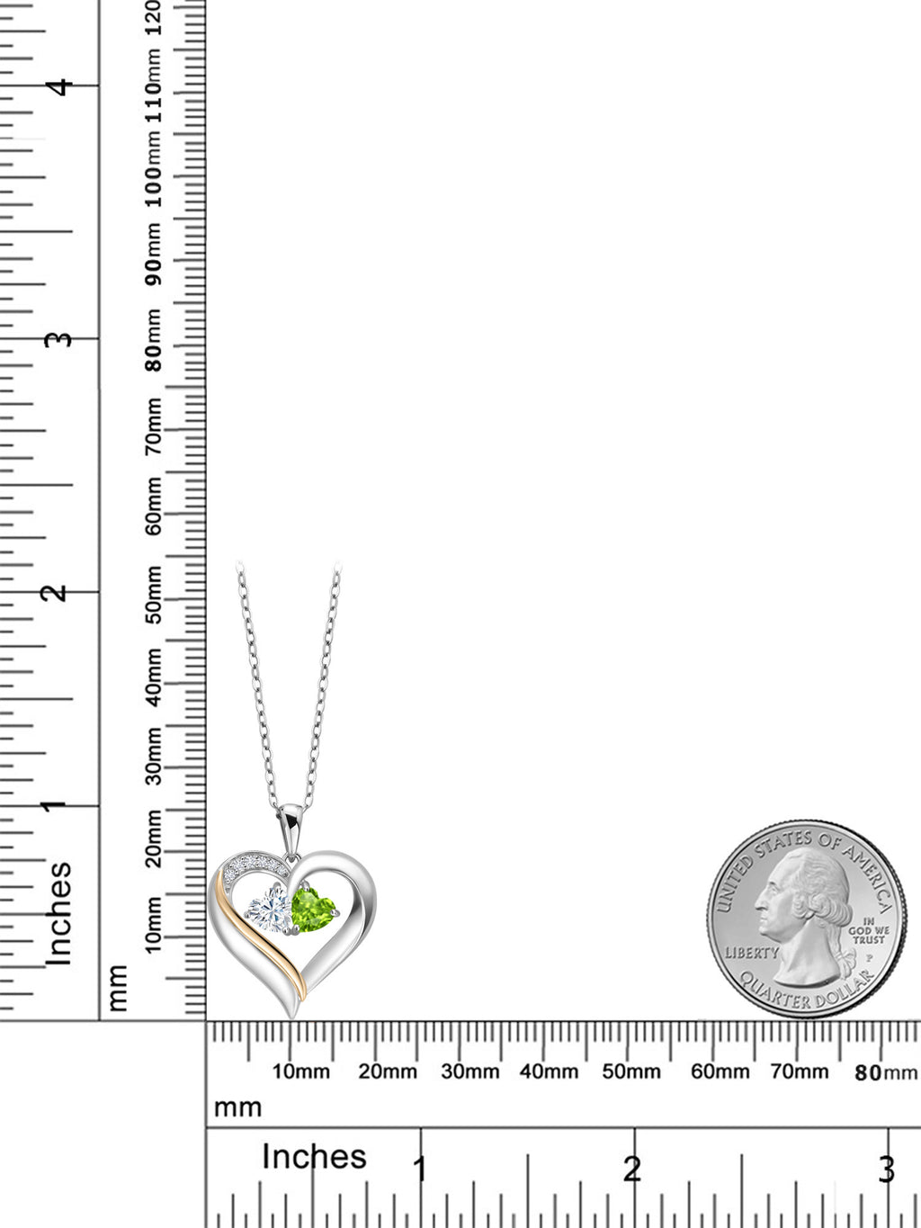 925 Silver 10K Yellow Gold Heart Shape Lab Grown Diamond Pendant Necklace with White Moissanite and Green Peridot (0.95 Cttw, Double Heart, 18 inch Chain) H45755