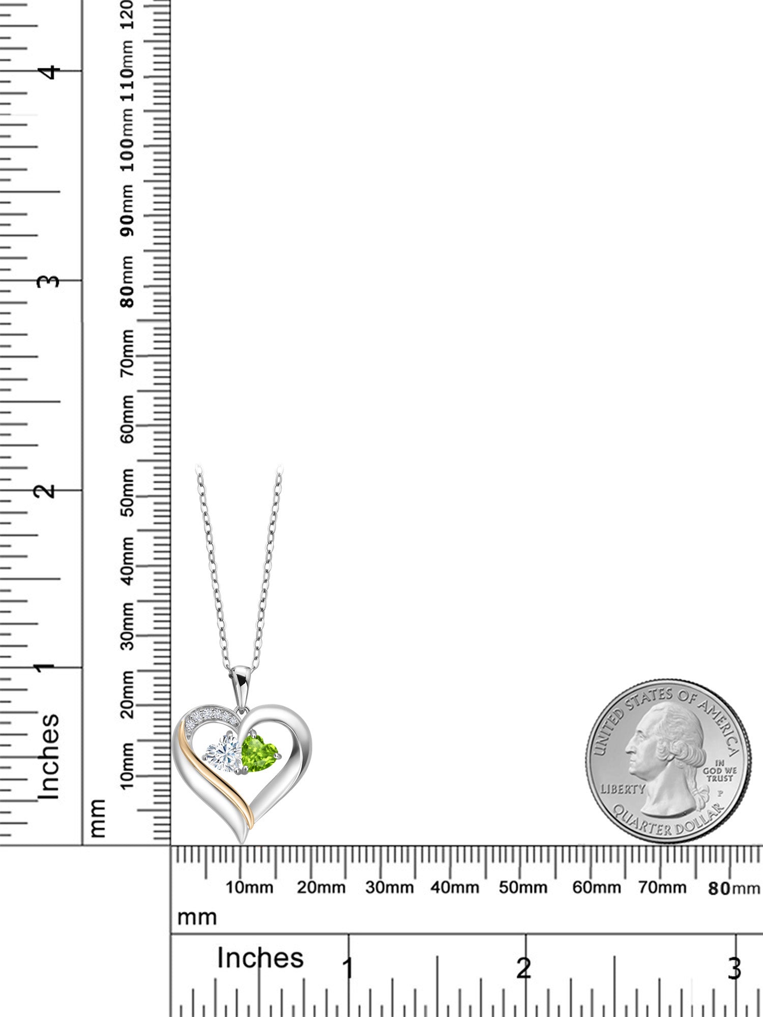 925 Silver 10K Yellow Gold Heart Shape Lab Grown Diamond Pendant Necklace with White Moissanite and Green Peridot (0.95 Cttw, Double Heart, 18 inch Chain) H45755