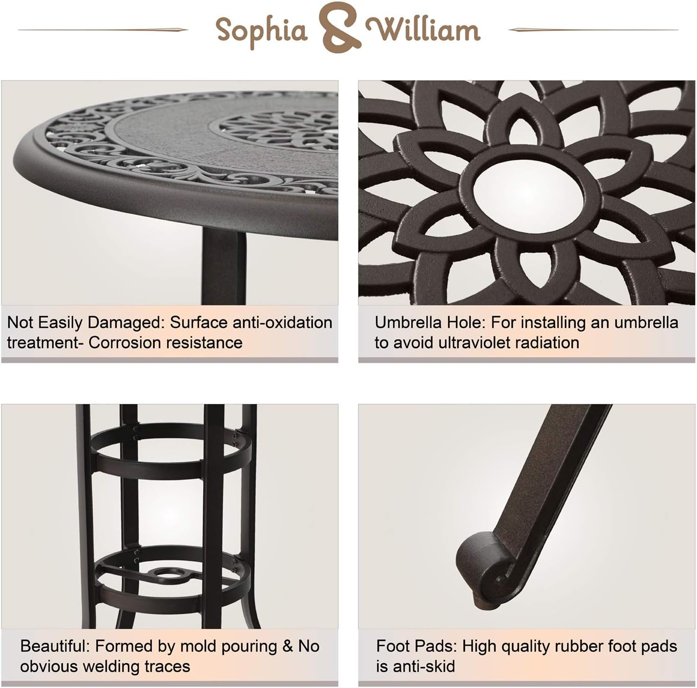 Outdoor Cast Aluminium Bar Height Table Round with Umbrella Hole Brown H389