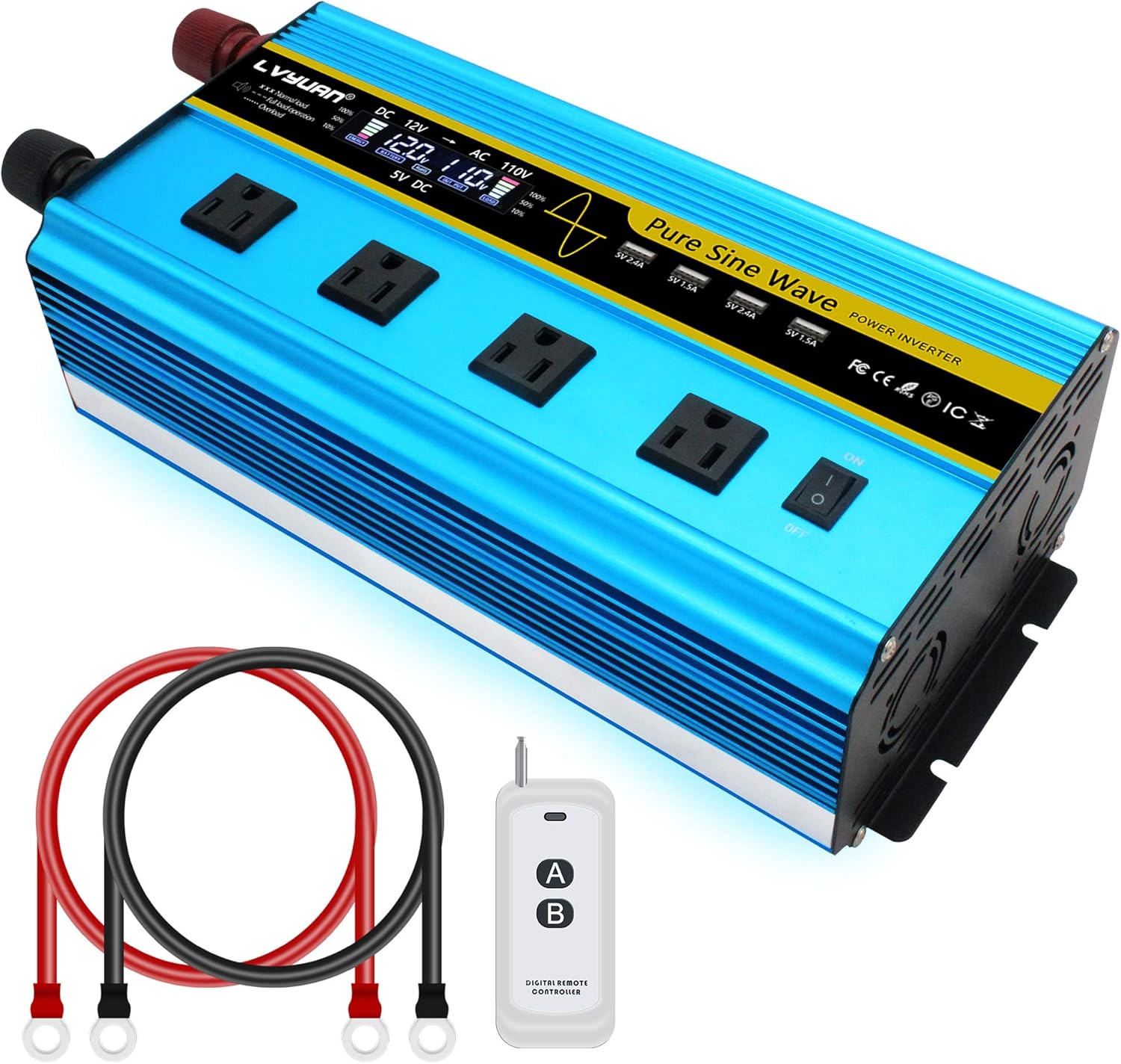 Pure Sine Wave Inverter 2500 Watt 12V to 110V DC to AC with Remote Controller LCD Display 4 AC Sockets 4 USB Charge Ports Q11422