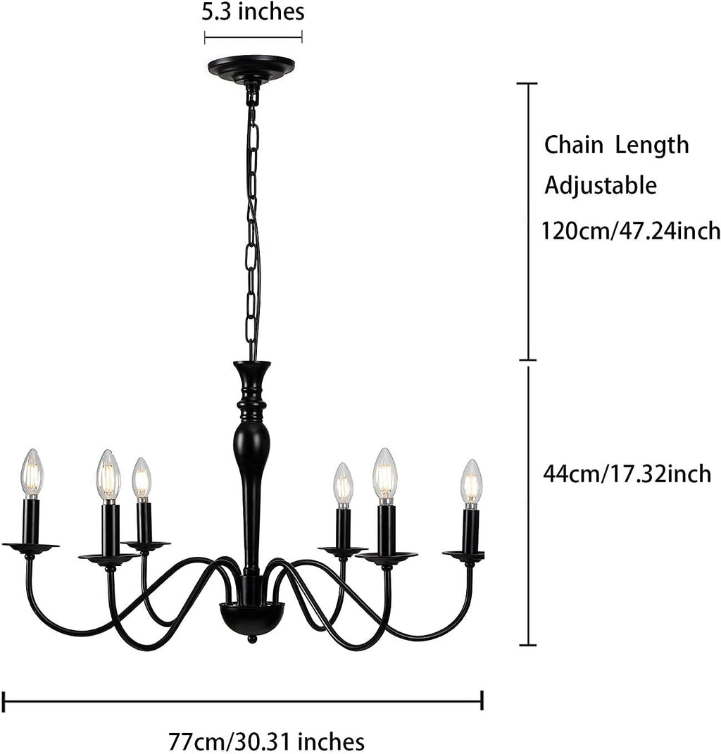 Rustic Farmhouse 6-Lights Black Metal Candle Chandelier N9535