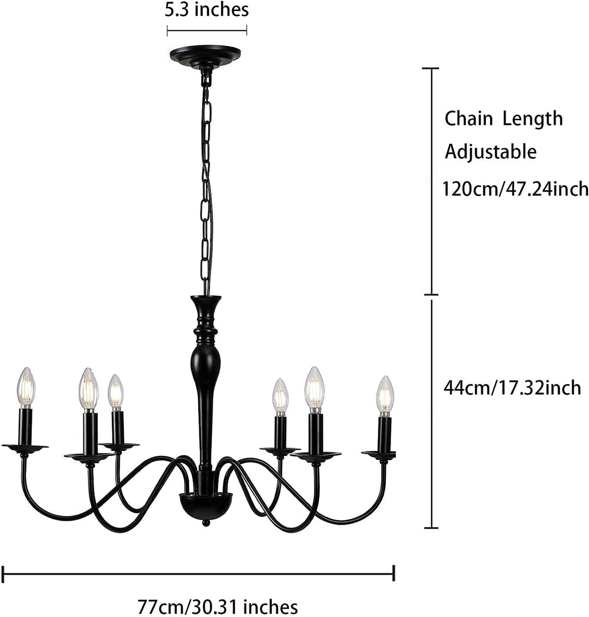 Rustic Farmhouse 6-Lights Black Metal Candle Chandelier N9535