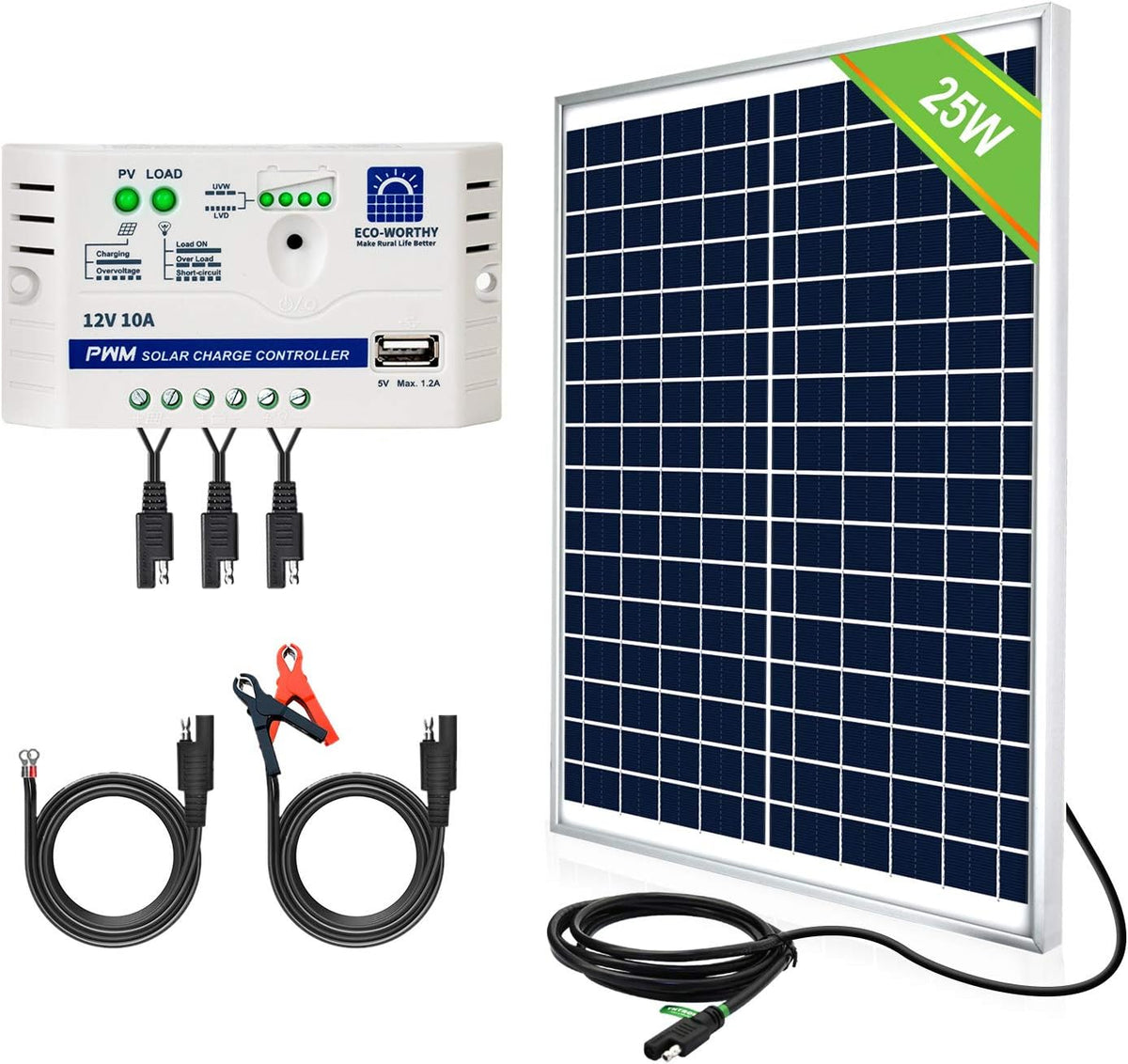 25W 12V Waterproof Solar Panel with SAE Connector Cable and 10A Charge Controller T21674