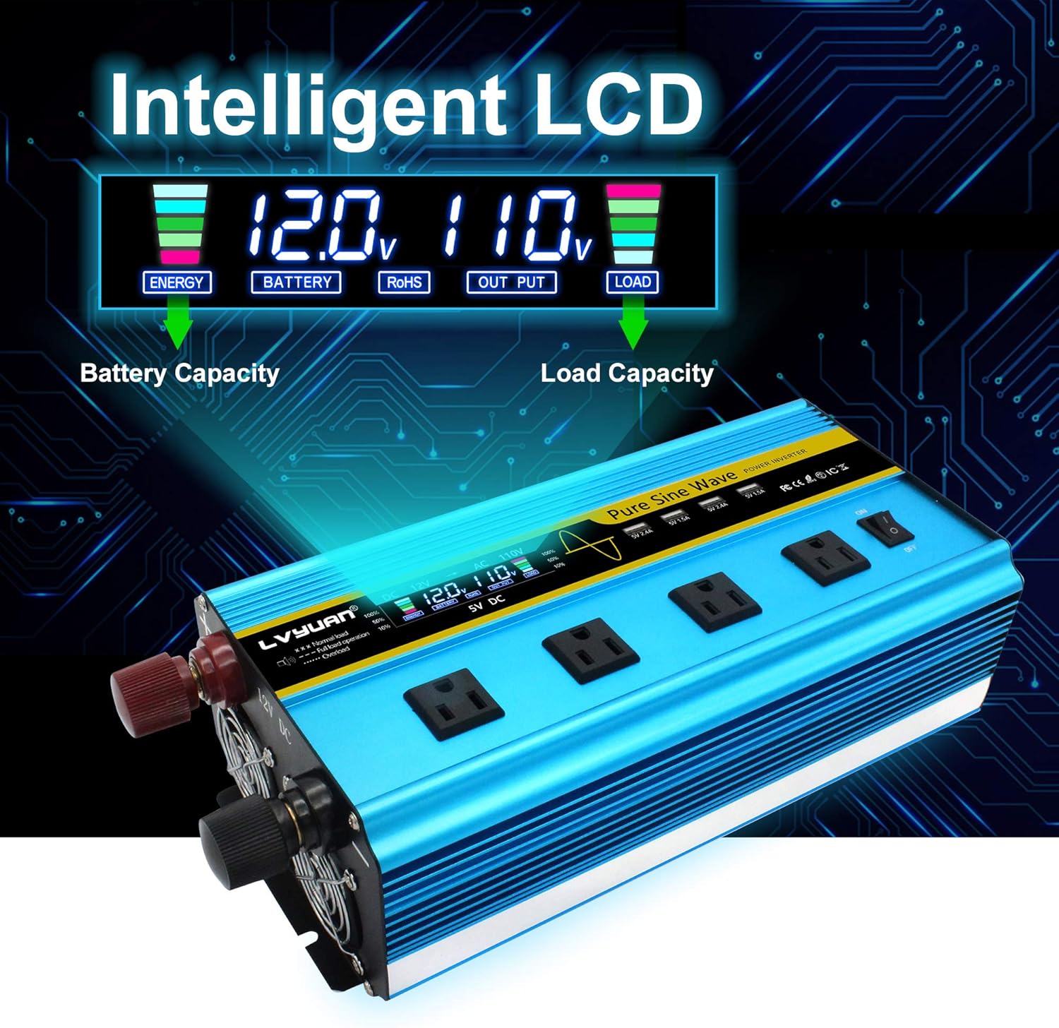 Pure Sine Wave Inverter 2500 Watt 12V to 110V DC to AC with Remote Controller LCD Display 4 AC Sockets 4 USB Charge Ports Q11422
