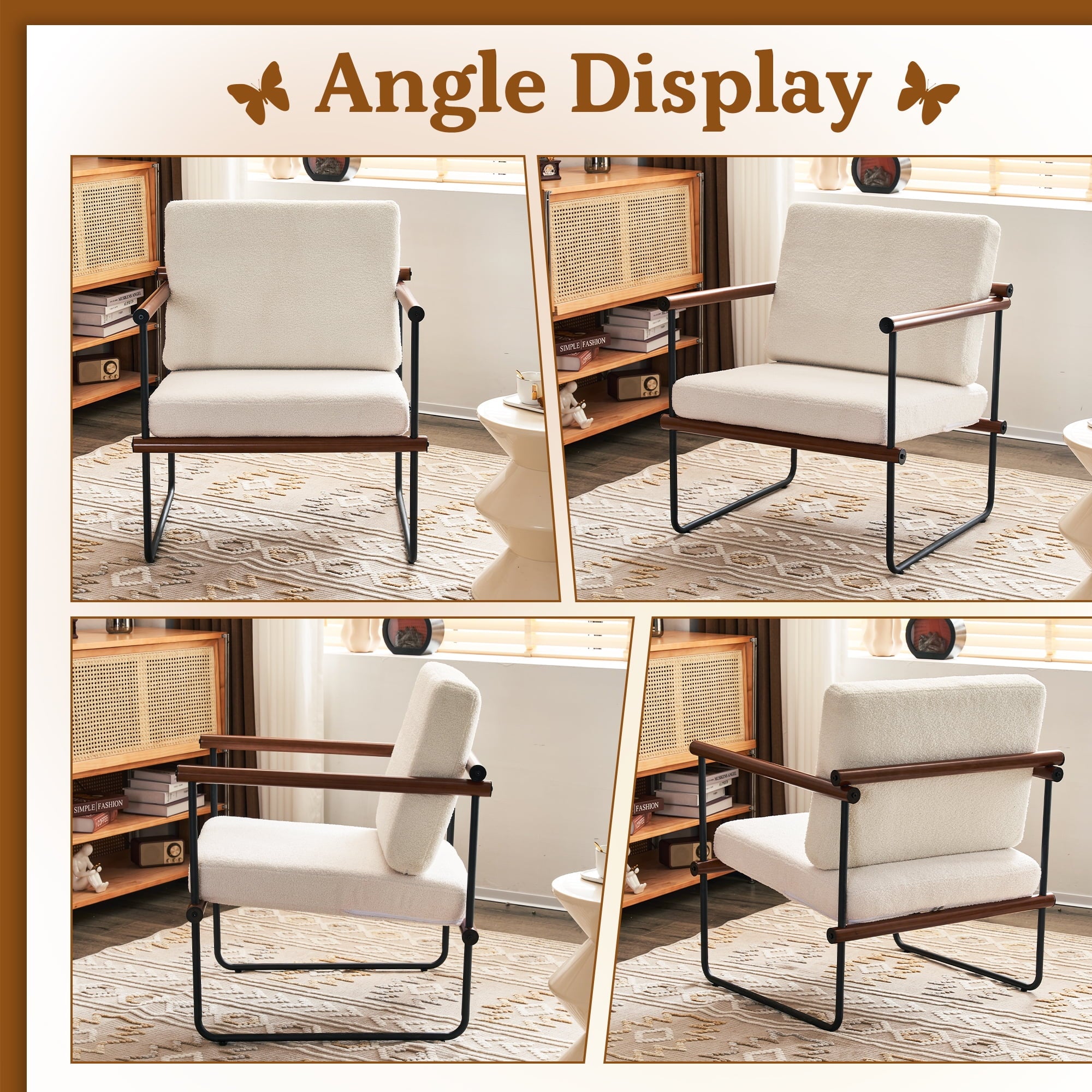 Walnut Boucle Accent Chair with Metal and Wooden Frame P413