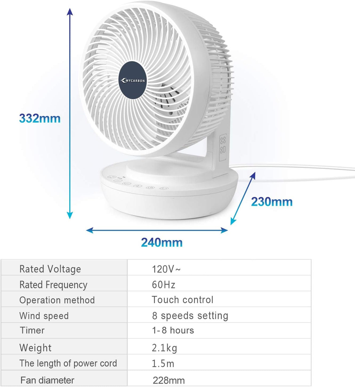 Quiet Air Circulator Fan DC Motor Desk Fan Auto Oscillating Fan With Remote 8 Speeds, 3 Modes, 8H Timer Cooling Table Fan U241