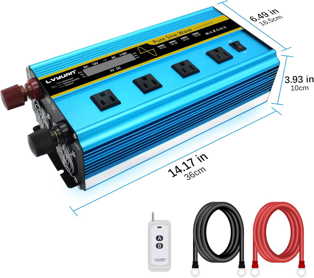 Pure Sine Wave Inverter 2500 Watt 12V to 110V DC to AC with Remote Controller LCD Display 4 AC Sockets 4 USB Charge Ports Q11422