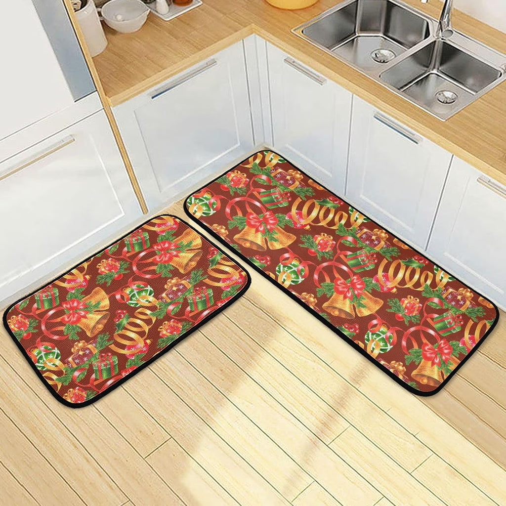 Christmas Jingling Bells Kitchen Mats Set of 2 Anti Fatigue Non Slip Floor Runner Rug 19.7x27.6 Inch + 19.7x47.2 Inch Y4487