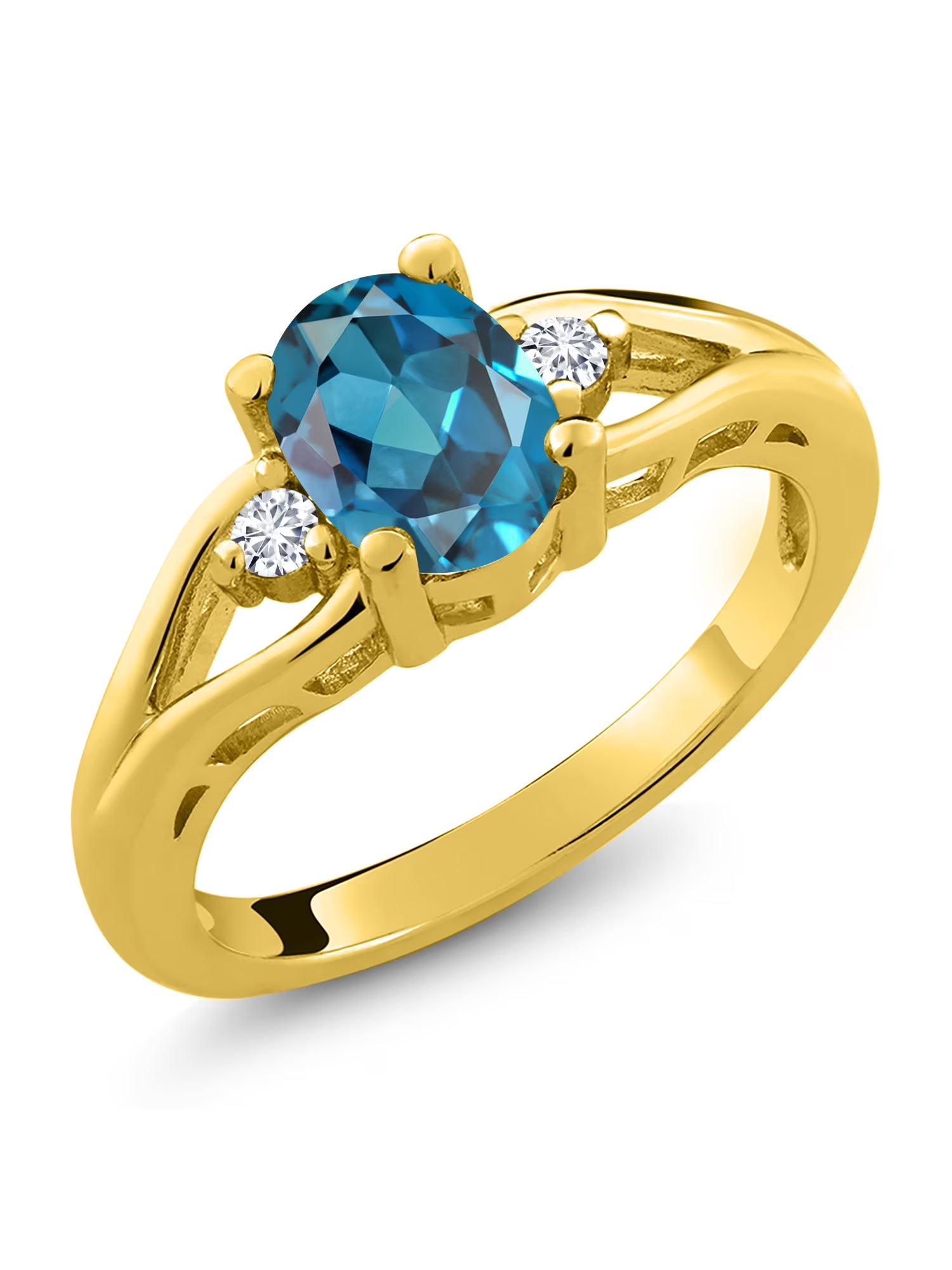 18K Yellow Gold Plated Silver London Blue Topaz and White Lab Grown Diamond 3 Stone Engagement Ring K238069