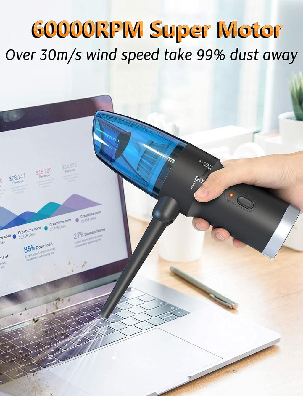 Compressed Air Duster & Vacuum 2-in-1, Mini Cordless Vacuum Cleaner, 60000 RPM C279913