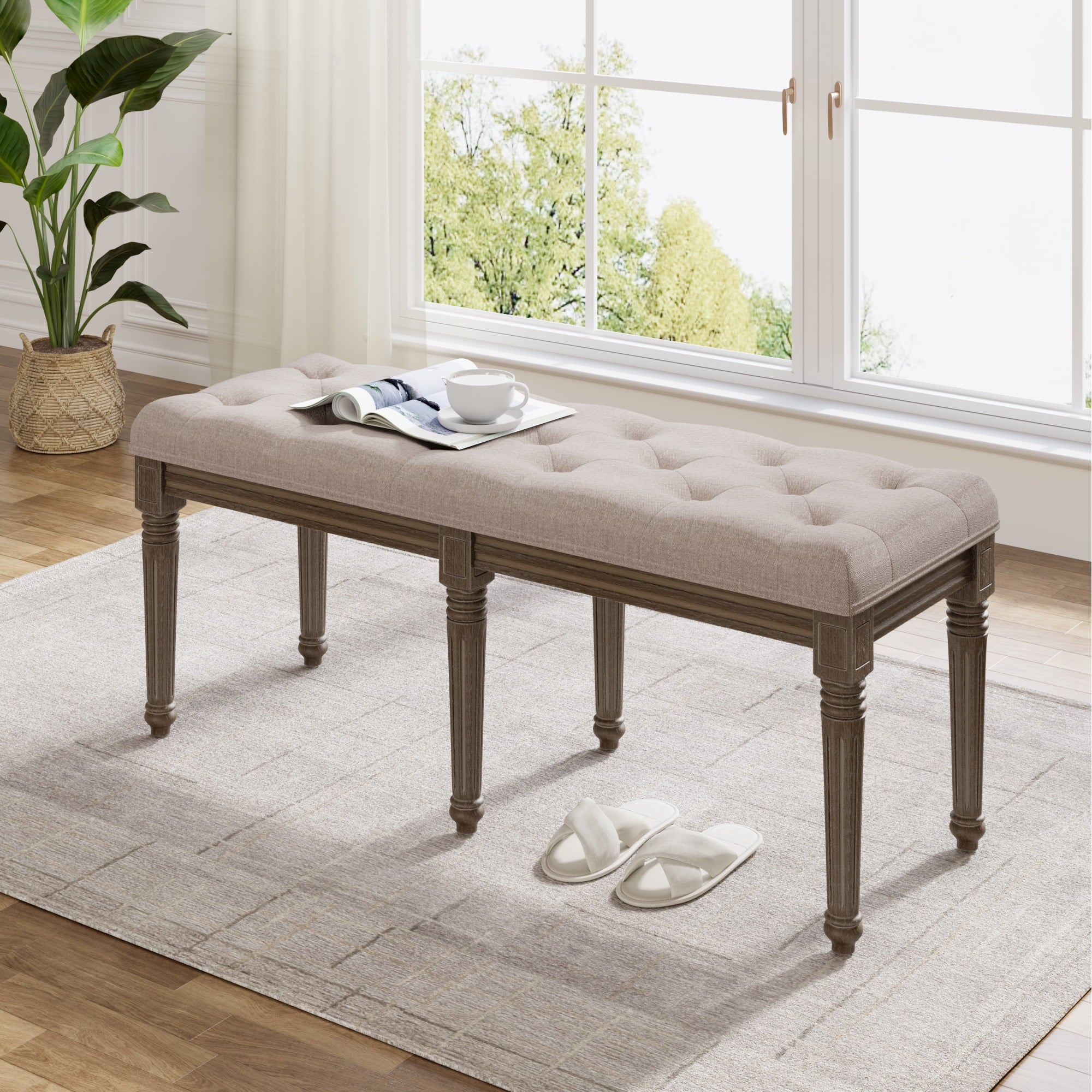 Upholstered Button Tufted Cushion Seat Bench with Carved Wooden Legs X429