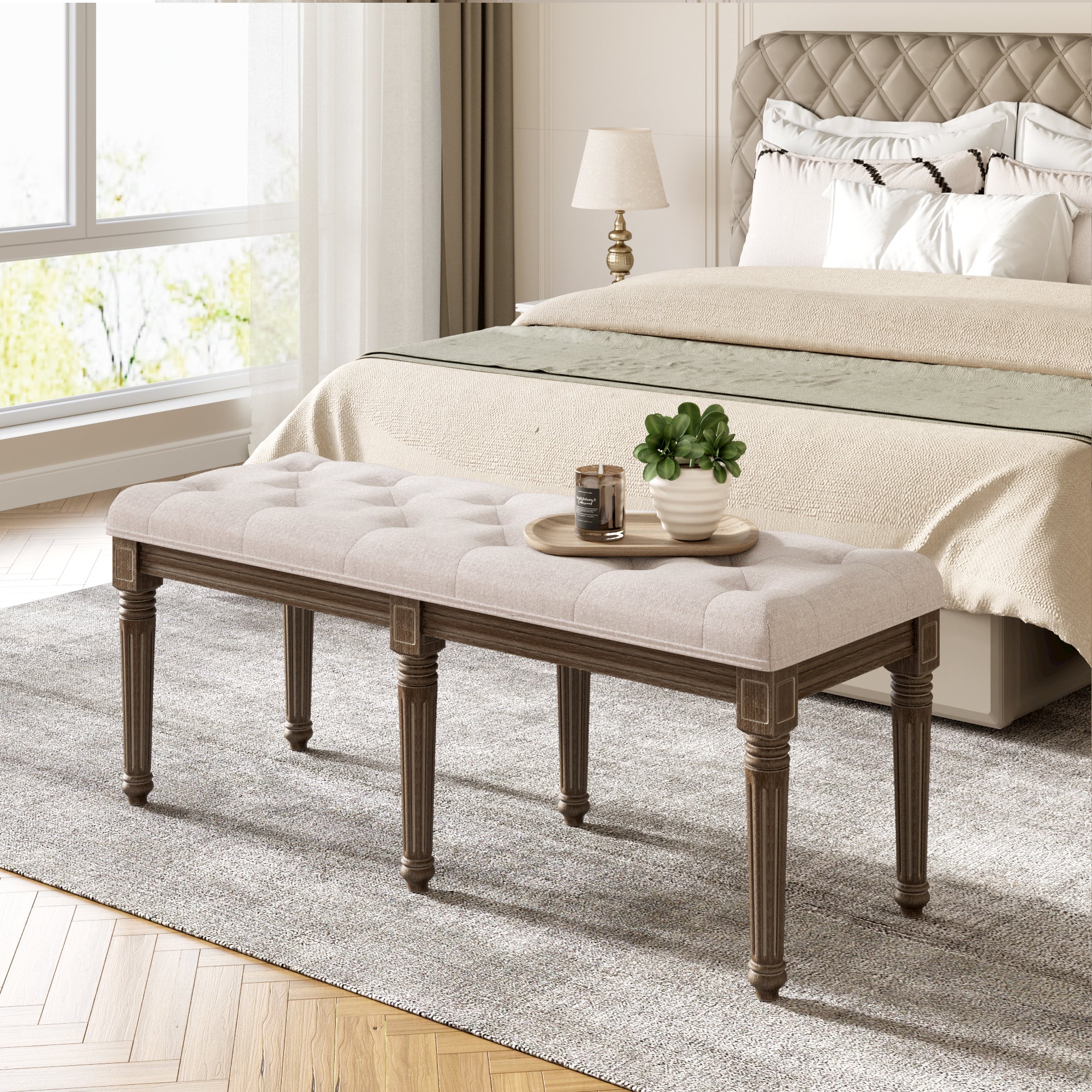 Upholstered Button Tufted Cushion Seat Bench with Carved Wooden Legs X429