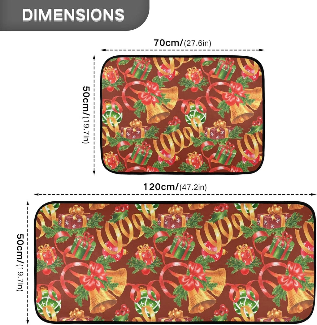 Christmas Jingling Bells Kitchen Mats Set of 2 Anti Fatigue Non Slip Floor Runner Rug 19.7x27.6 Inch + 19.7x47.2 Inch Y4487