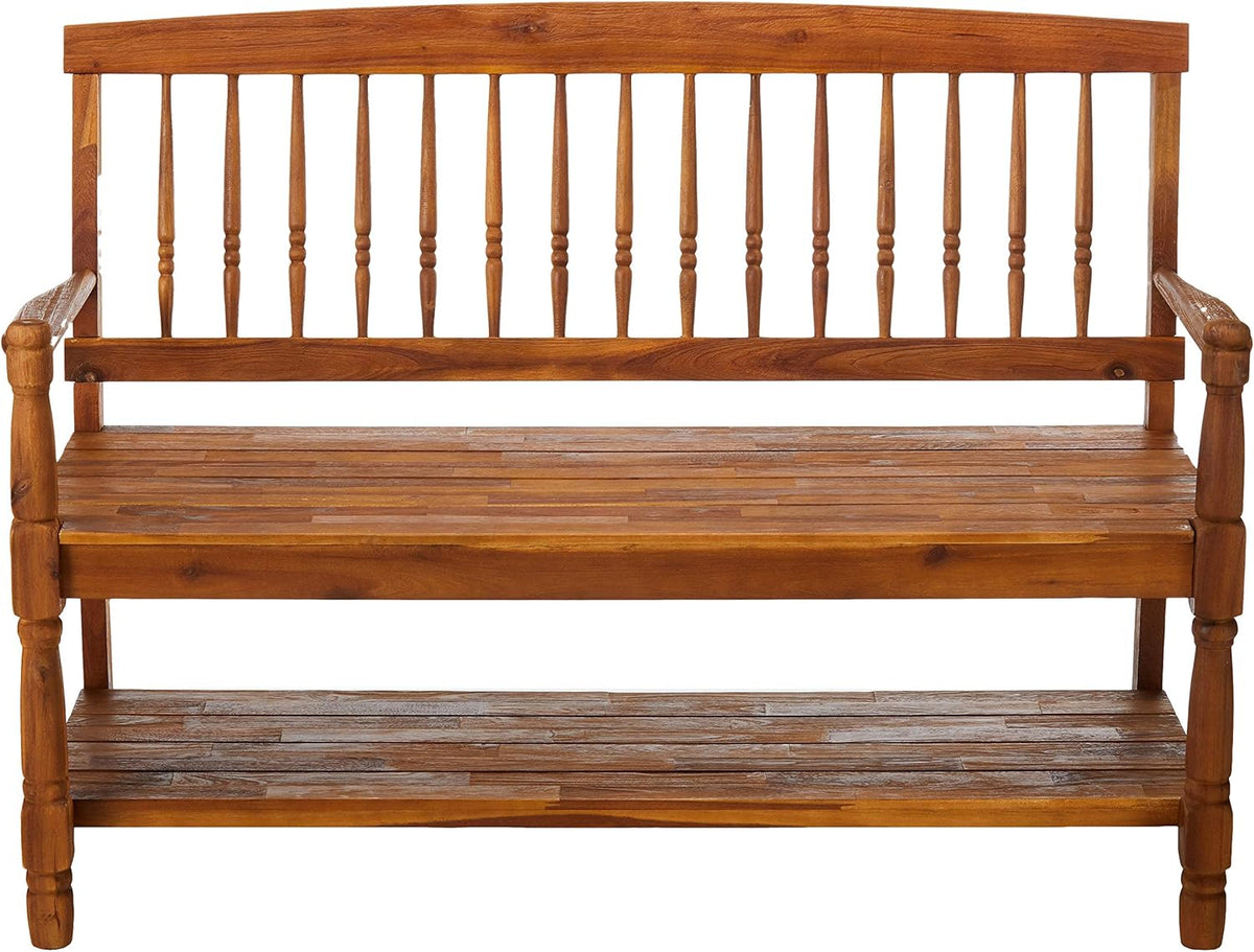 Teak Finish Acacia Wood Bench with Shelf G852