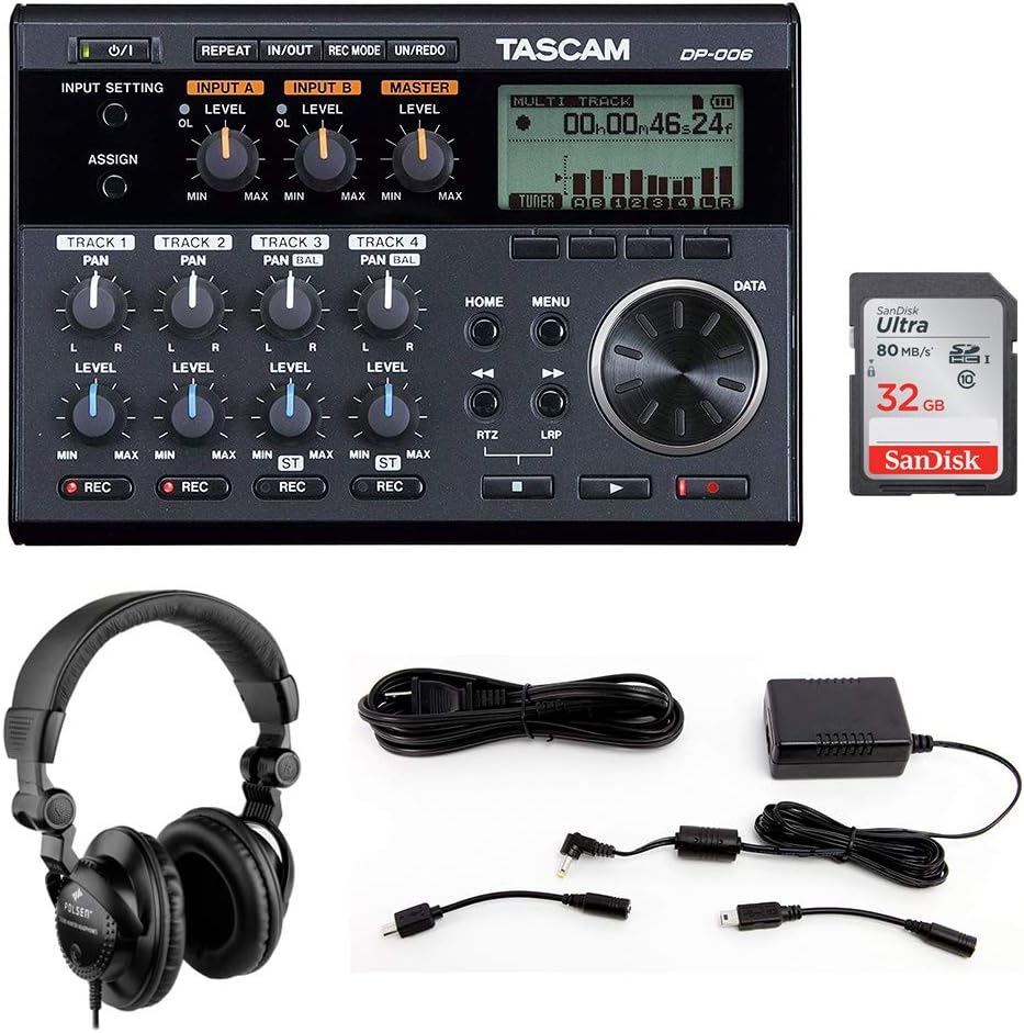 6-Track Digital Pocketstudio with AC Power Adapter, Headphones & 32GB Memory Card Bundle B656