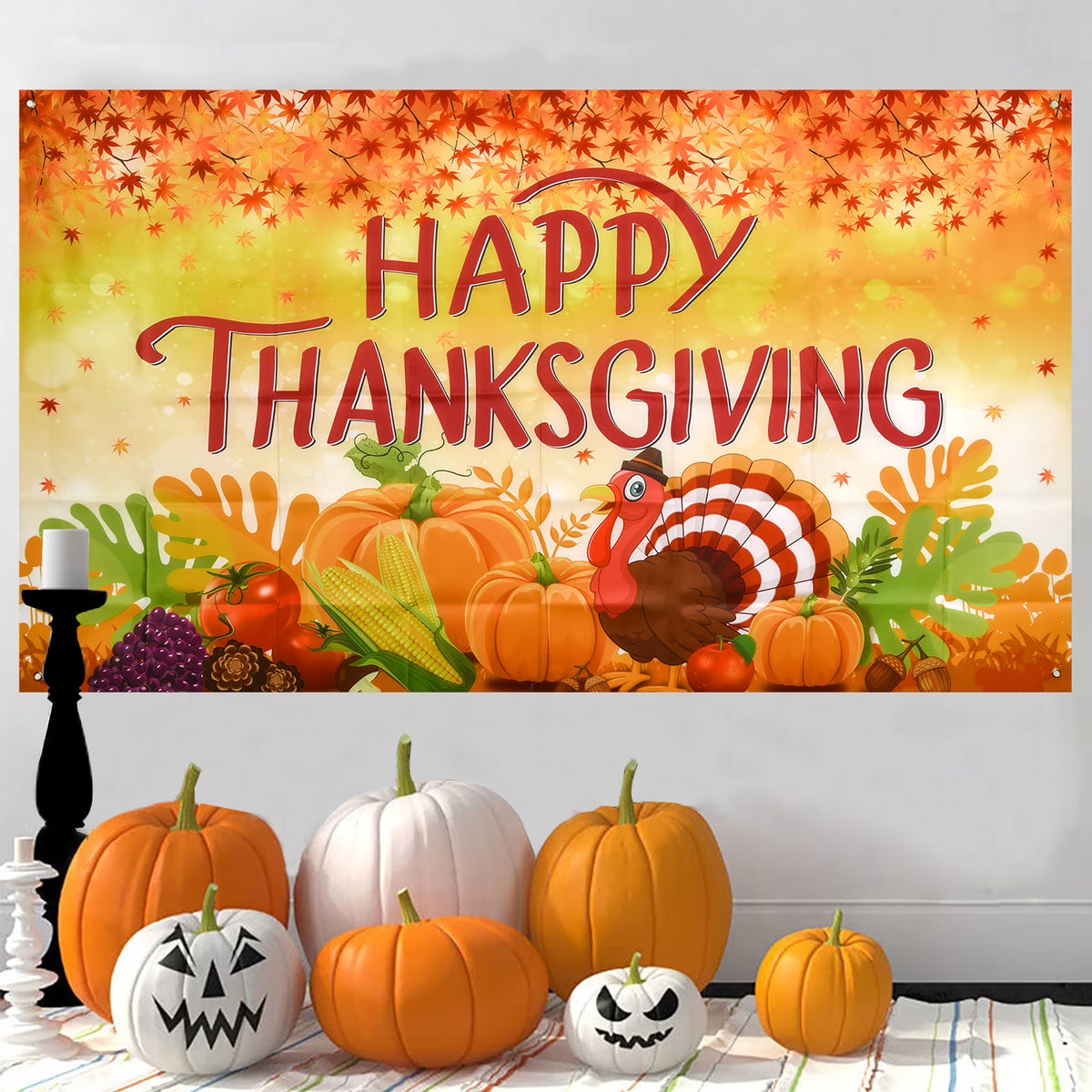 Thanksgiving Banner 72 x 46 Inch Turkey Pumpkin Maple Leaves Banner K493