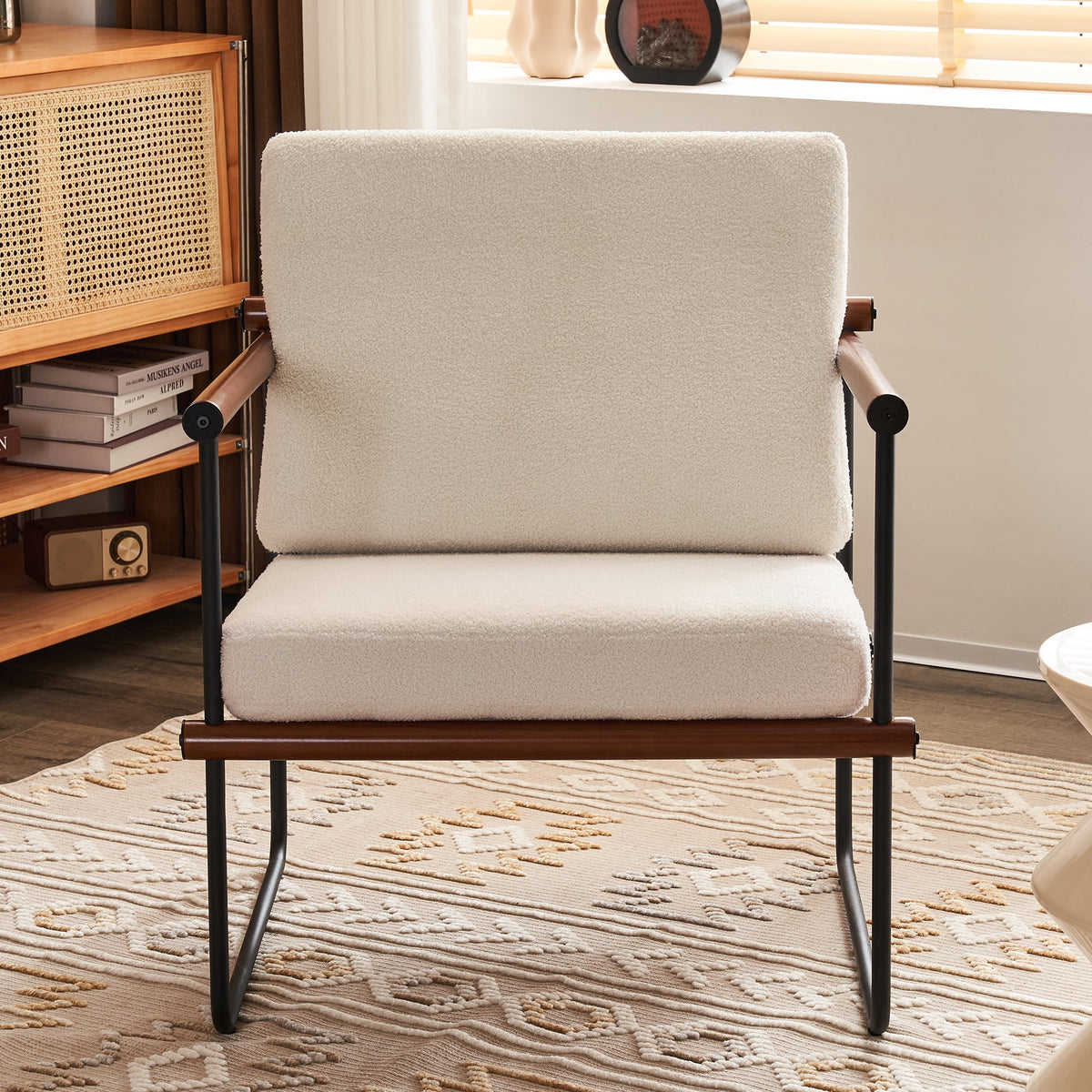 Walnut Boucle Accent Chair with Metal and Wooden Frame P413