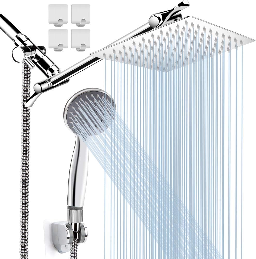 Chrome Stainless Steel Rainfall Shower Head Combo with Extension Arm, Holder, Hose, 4 Hooks, Pack of 2 R999303