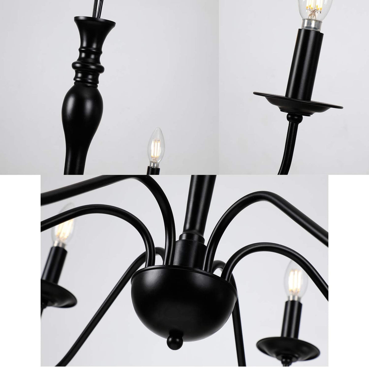Rustic Farmhouse 6-Lights Black Metal Candle Chandelier N9535