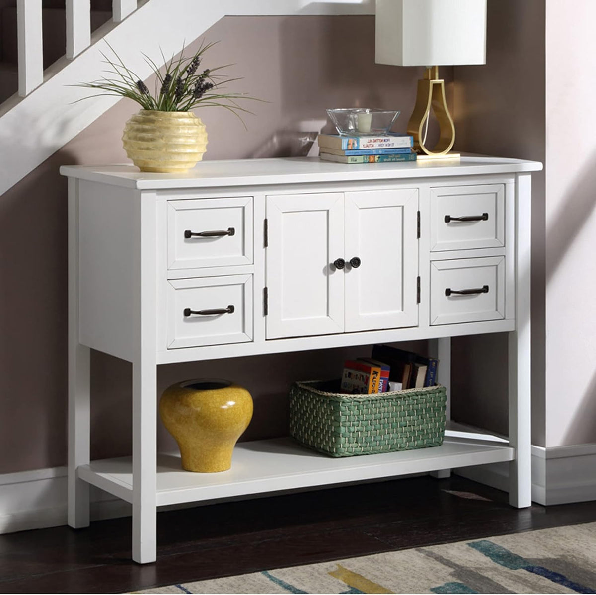 Green Console Table with Storage Drawers and Bottom Shelf R270