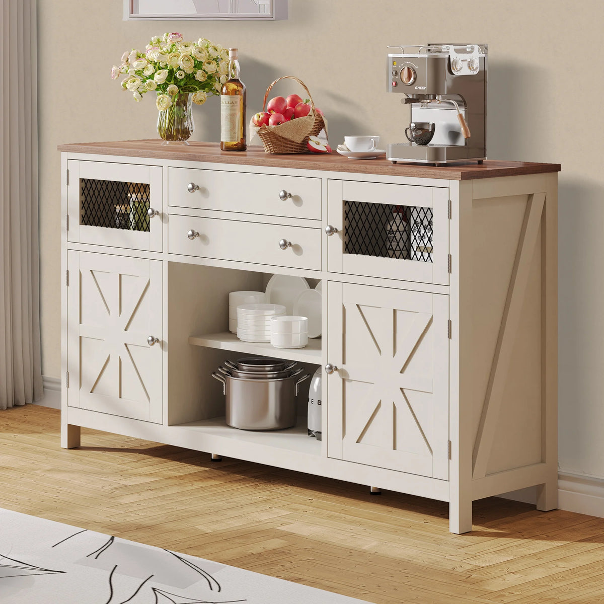 Antique White Farmhouse Coffee Bar Cabinet with 2 Drawers G88328