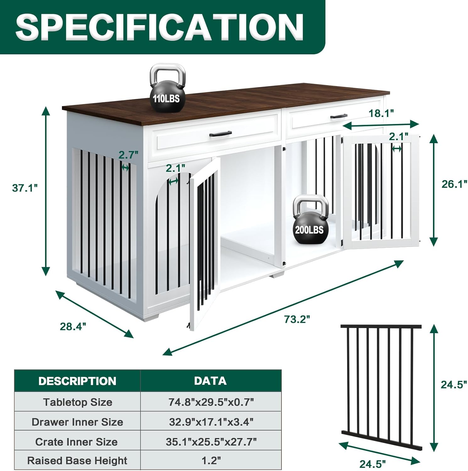 White 74.8 Inch Heavy Duty Wooden Dog Crate with 2 Drawers F802