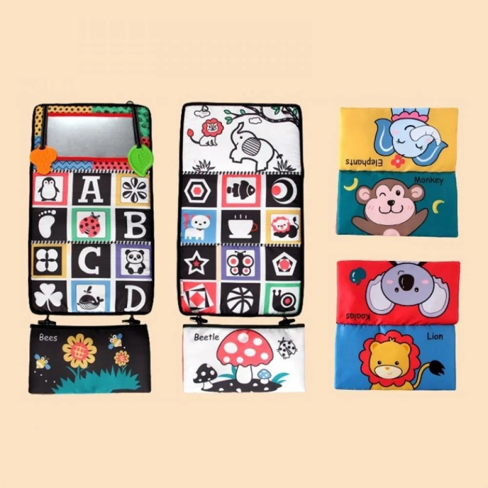 Tummy Time Floor Mirror with Crinkle Cloth Book and Teethers, High Contrast Black and White Baby Toys, Montessori Sensory Crawling Toy H3804
